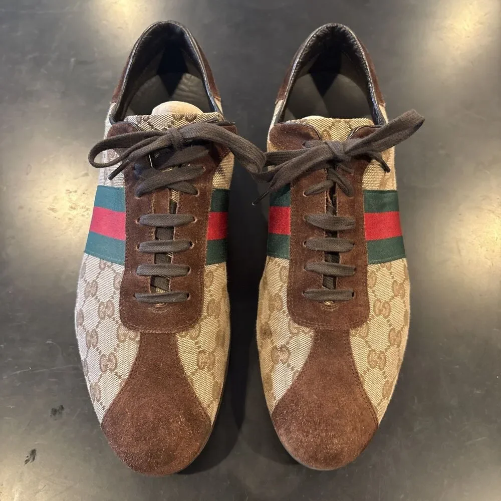 Vintage Gucci 117711 GG Canvas Web Stripe Suede Sneakers Mens US 11.5 Made Italy